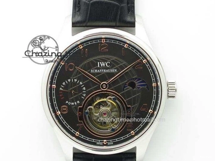 MIROTIME 0204 Portuguese Tourbillon Power Reserve Moonphase SS Black Dial Gold Numbers On Black Leather Strap RelaxedFit 7320